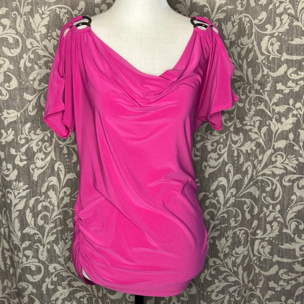 Pink Draped Neckline Ruched Cold Shoulder Sleeves Top S/P